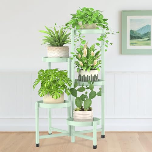 iDavosic.ly Support pour plantes d'intérieur et d'extérieur, étagère d'angle en métal à 5 niveaux, grand support pliable pour orchidées pour terrasse, balcon, porche, jardin, salon, maison, vert clair