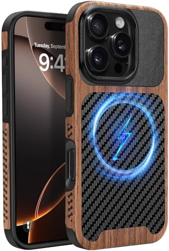 ZZDZZ Magnetisch Hülle für iPhone 16 Pro Hülle 6,3 (Schwarz) | ZZDZZ Hülle [Kompatibel mit MagSafe] Holz und Carbon Leder Design Handyhülle Stoßfest Schutzhülle
