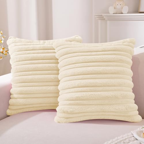 YSTELLAA 2er Set Plüsch Samt Kissenbezug 60x60, Flauschige Dekorative Kissenhüllen, Weiche Künstliche Pelz Kissenbezüge, Sofakissen Bezug Für Wohnzimmer Schlafzimmer, Cremeweiß