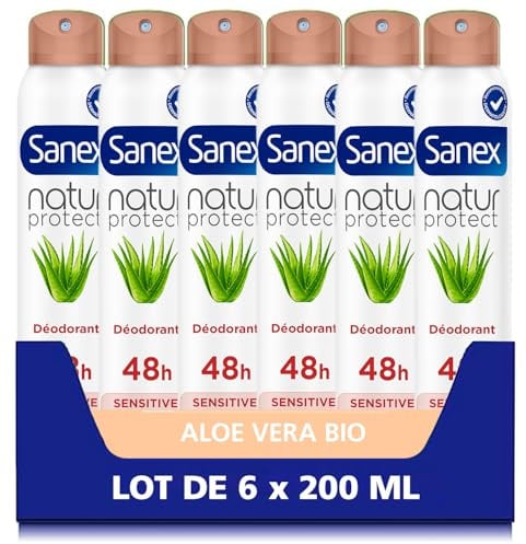 SANEX - Desodorante Nature Protect Aloe Vera Bio para pieles sensibles 48 horas 200 ml – Protege 48 horas de olores – Dermatológicamente probado – No contiene alcohol*