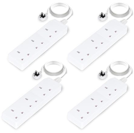 GEEPAS 3 Gang Extension Lead, 2M Cable | 3-Way Plug Extension Cable, 13A | Wall Mountable & Multi Socket Mains Strip for Home Bedroom Office | Heavy Duty UK Plug | White, Pack of 4