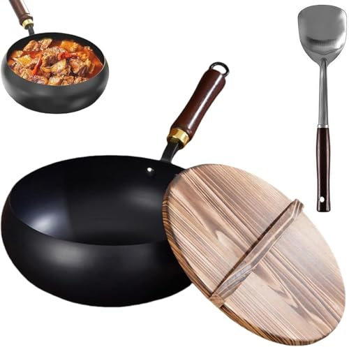 WYDDSX Gusseisen Wok Bratpfanne mit Holzdeckel für Küche, Traditionelle Japanische Kochstile (28 cm)