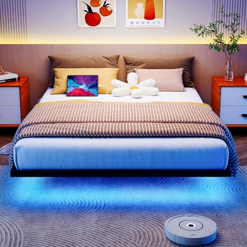 HOJINLINERO Bett 140x190 mit LED Beleuchtung und Ladestation Bettrahmen 140x190cm Schwebebett, Jugendbett, Metallbett mit Lattenrost Doppelbett Robust und Stabil,Gästebett Leichte Montage