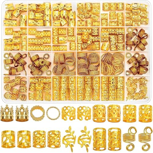 220 Stück Gold-Haarschmuck für Zöpfe, Loc Schmuck für Haar-Dreadlock, Haaranhänger für Frauen, Metall-Gold-Zöpfe, Ringe, Manschetten-Clips für Dreadlock-Zubehör, Haar-Zöpfe,haarschmuck