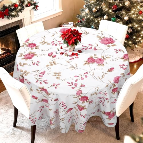 Arquiel Blume Tischdecke Runden, Rosa Vintage Tischtuch Abwischbar PVC Wasserdicht Wachstischdecken Pflegeleicht Einfache Tischbelag Für Küche Und Party Outdoor Schmücken 152x152cm