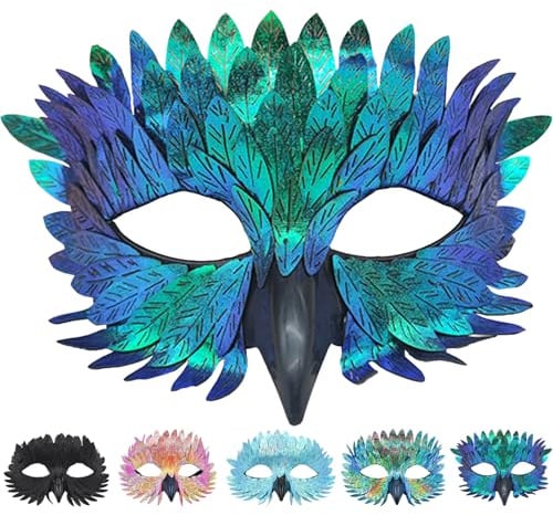 CWENDANER Elegante Vogelmaske mit Federn 5 Farben Halbgesichtsmaske für Karneval, Maskenbälle & Fasching (Bunt, für Mottopartys & Fasching)