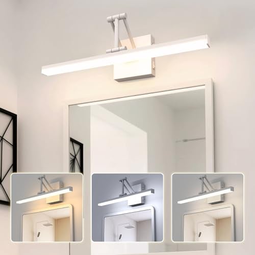 Sytmhoe 3CCT Spiegelleuchte Bad mit Schalter Teleskophalterung 48,5 cm 12W | 960LM 3000K 4500K 6000K umschaltbar für make-up rasur, Weiß IP44 Aluminium, wohnzimmer schlafzimmer faltbar LED bildleuchte