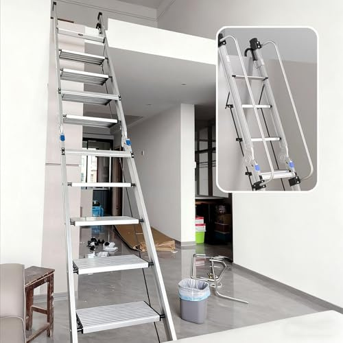 WhamtL Dachbodentreppe Klappbare Dachbodenleiter aus Aluminiumlegierung mit Handlauf, 7 8 9 10 und 11 Stufige Dachbodentreppe, Etagenbettleiter für die Kellergarage(10 Step-300cm (9.8ft))