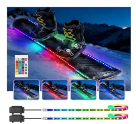 HOKIION 9V Battery Powered LED Snowboard Lights, 2 x 1.2M IP68 Fully Waterproof Snowboard Led Strip Lights for Night Skiing, High Bright 16 Colors Changing RGB Led Strip Lights for Kayak SUP Scooter