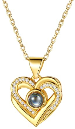 Custom4U Personalisierte Halskette für Damen, Gold/Silber Projektions Halskette mit Herz Anhänger und Foto innen, Messing 40+5 cm Kette Schmuck Geschenk für Mutter Tochter Frau an Geburtstag Jubiläum