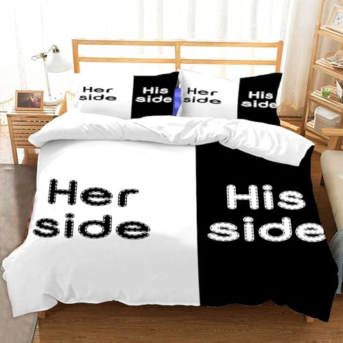 Hongduo 3D Her Side His Side Bettwäsche Set 200x200 cm Weiche Mikrofaser Einfach Bettwäsche-Sets mit Reißverschluss 3 Teilig Bettbezug mit 2 Kissenbezug 80x80 cm