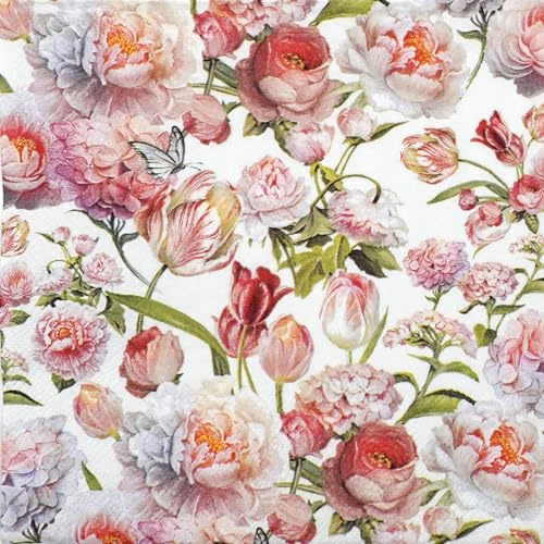 Servietten Papier 33x33cm 3-lagig 20 Stück - hochwertig & nachhaltig - Einweg Papierservietten Rosen & Tulpen Blumen Motiv Rosa Weiß - Gartenfest Party Brunch Gastroservietten Tischdeko