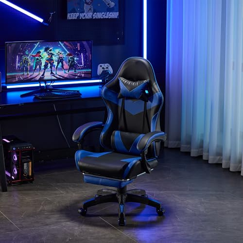 Koaris Chaise Gaming Ergonomique en Cuir Noir/Bleu - Fauteuil Bureau avec Repose-Pieds, Rotation 360° et roulettes, pour Jeu et Travail Adultes