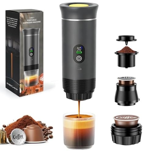 NICEWAT 12V Akku Kaffeemaschine, 3 in 1 Tragbare Auto Espressomaschine | LED-Anzeigebildschirm, Mini Reise Kaffeemaschine, Kompatibel mit kapsel und gemahlener Kaffee, für camping wohnmobil gadget