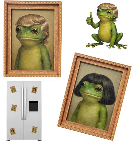 2pcs Funny Frog Fridge Magnet,Retro Mini Framed Frog Photo Art Refrigerator Magnet, Wood Artistic Bob Haircut Toad Decor for Fridge, Locker, Dishwasher Meme Gag Gift for Friends
