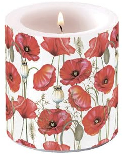 Ambiente Stumpenkerze Paraffin 7,5x9cm mit Mohnblumen Motiv - 35h Brenndauer & duftneutral - Tischkerze Blockkerze Zylinderkerze - Kerzendeko - Dekokerze Weiß Rot
