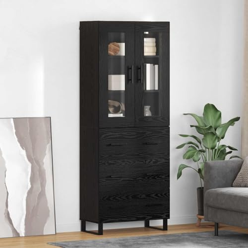 SooIarix Highboard Schwarz Eichen-Optik aus Engineered Wood und Glas mit 2 Türen und Schublade, 69,5 x 34 x 180 cm, modernes Sideboard Wohnzimmer, Kommode mit Schubladen