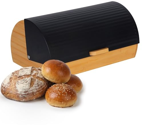 Relaxdays Brotkasten Bambus mit Klappdeckel, schwarz/natur | Brotaufbewahrung, HxBxT: 19 x 37,5 x 26,5 cm, Brotcontainer
