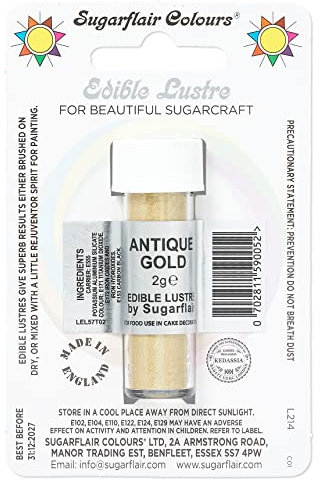 Sugarflair Antique Gold Edible Lustre Dust, Add a Lustrous Shine to Cakes or Decorations. Brush On or Add Rejuvenator to Create Eye-Catching Edible Paint, Gives Shine to Your Bakes - 2g