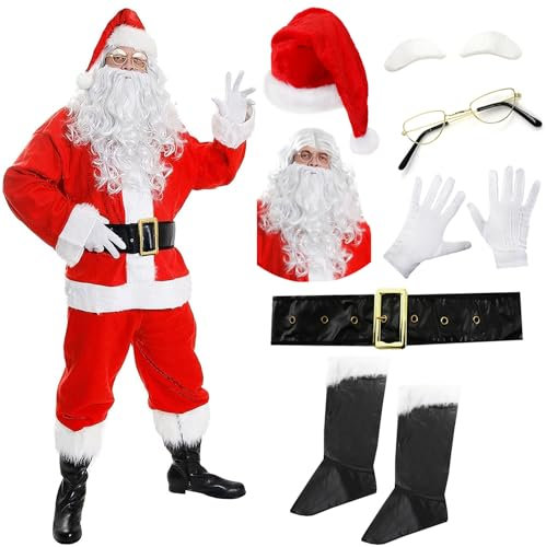 WEIHNACHTSMANN KOSTÜM LUXUS KLASSE - 10 TEILIGIGES SANTA VERKLEIDUNG == VON ILOVEFANCYDRESS®= ERHALTBAR IN 5 VERSCHIEDENEN GRÖSSEN = BEINHALTED - JACKE , HOSE , MÜTZE , GÜRTEL , STIEFELÜBERZIEHER , PERÜCKE , BART , HANDSCHUHE , AUGENBRAUEN , UND EINE BRILLE =IN DER GRÖßE -XXLARGE