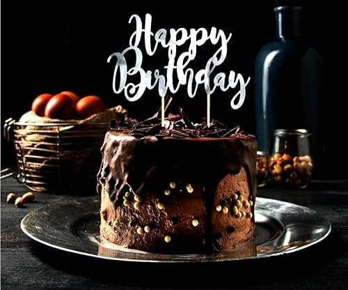 Cake Topper Happy Birthday Kuchenstecker Geburtstag Silber Topper Made in EU Kuchendeko Dekoration für Geburtstagstorte Tortenstecker Silber