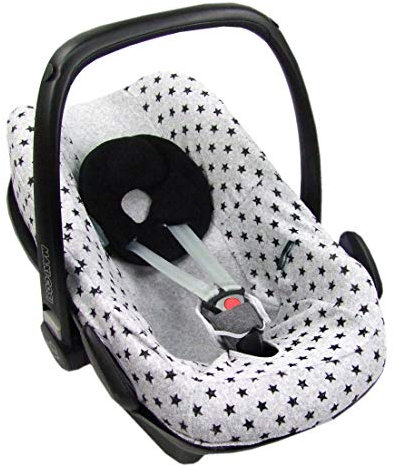 Frottee Sommerbezug [Schonbezug für Babyschale] Autositz kompatibel mit Maxi Cosi Pebble und Pebble Plus + GRATIS Kopfpolster (hellgrau schwarze Sterne)