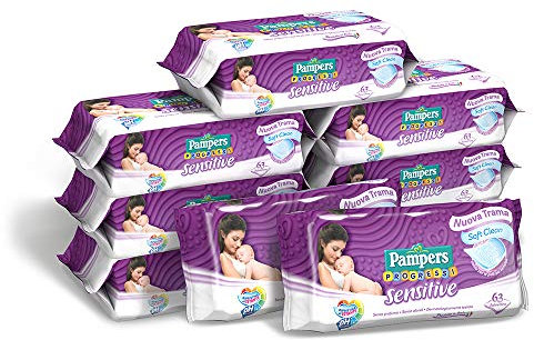 Pampers Sensitive Lingettes, Formule Délicate, Sans Parfumation, Restaure le Ph de la Peau, 9 Paquets de 63 pièces, 567 Lingettes