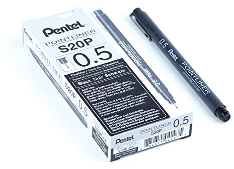 Pentel Arts Pointliner, 0.5mm Tip, Black Pigment ink, Pack of 12 pens