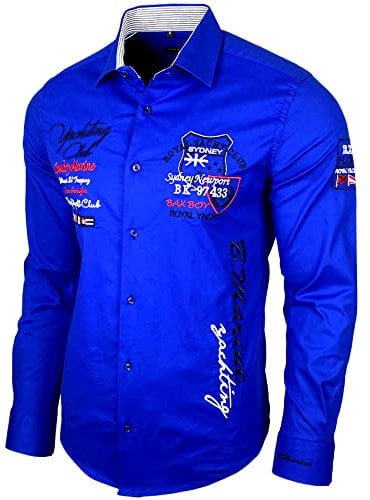 Baxboy Chemise élastique, coupe slim, pour loisirs, affaires, mariage, couleur pure, col Kent,à manches longues, contraste, pour homme, B-508, Sax, L