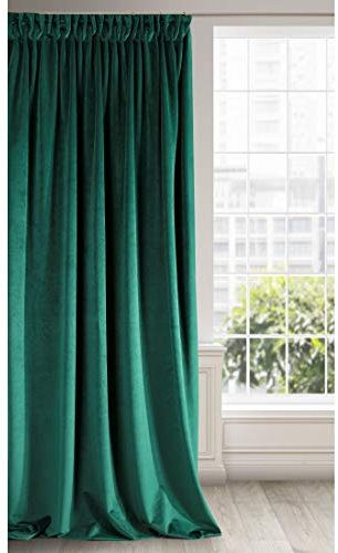 Eurofirany RIA Blickdicht Samtvorhang mit Kräuselband-1 STK. Einfarbig Thermogardine, Verdunklungsvorhänge, Wohnzimmer, Schlafzimmer, Lounge, 290 g/m2, Velvet, DUNKEL GRÜN, 140x270cm