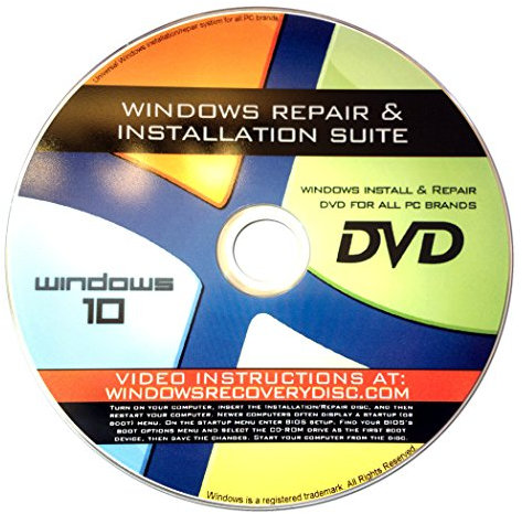 Recovery, Repair & Re-install disc compatible w/ All Versions of Windows 10 32/64 bit & PC makers