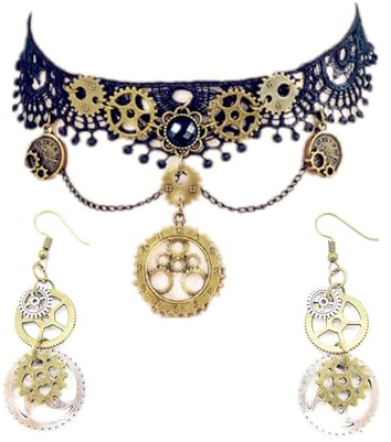 JinYu Choker Halskette und Steampunk Ohrringe Set für Steampunk Halloween Punk Kostüm Party Retro Gear Clock Cog Frauen Gothic Schwarz Spitze Halsketten Halloween