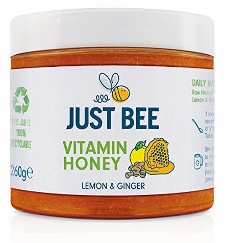 Just Bee Lemon & Ginger Immunity Honey, pure natural honey with vitamins for daily immune support with Vitamin D, C, B6, B12, Echinacea (260g jar)
