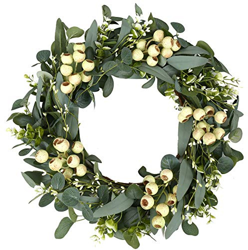 JINGHONG Green Eucalyptus Wreath,Artificial Eucalyptus Leaves Wreath with Big Berries,Spring/Summer Greenery Wreath for Front Door Wall Window Decor-20in