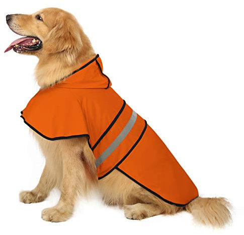 HDE Hunde-Regenmantel mit Kapuze, für kleine bis große Hunde und Welpen, Sicherheit, Orange, Größe XL