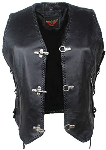 EURO STARS Damen Schnallen Lederweste mit Seiten Schnur Schwarz, Leather Vest black
