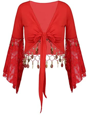 TiaoBug Damen Bauchtanz Kostüm Oberteil Langarm Spitzen Trompetenärmel Jäckchen Binden Top Knoten Shirts Bluse mit Münze Quasten Rot XXL