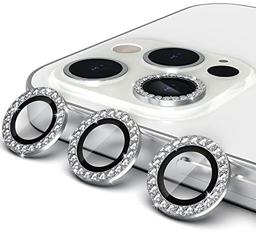 CloudValley Camera Lens Protector for iPhone 12 Pro Max 6.7 Inch, 3D Bling Diamond Rear Camera Cover, Premium HD Tempered Glass Aluminium Alloy Lens Ring Cover Film, Silver Diamond