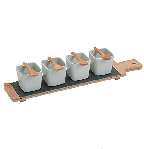 Vorspeisen Schälchen Set auf Bambus Tablett, Teller Set, 9 Teile Set Servier Teller weiß,4 Soufflé Servierschalen Set Tapas Schalen auf Bambusholz, Servierbrett Holz & 4 Dessert Gläser (ECKIG)