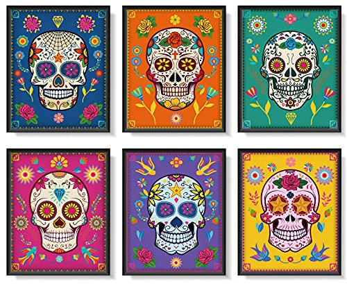Outus 6 Wanddekorationen in Form eines Zuckerschädels, Dekoration für den Tag der Toten, mexikanischer Zuckerschädel des Tages der Toten, Fiesta Kunstdrucke, 20,3 x 25,4 cm