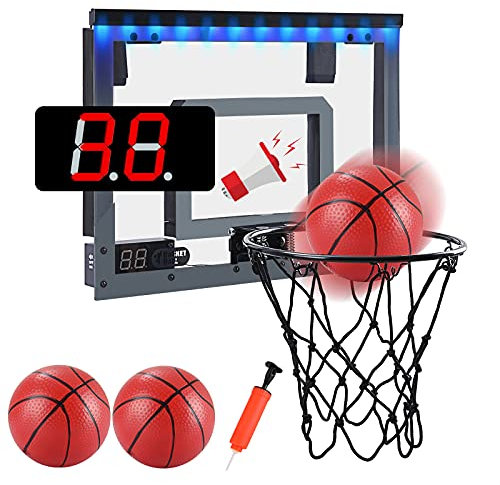 Panier de Basket Intérieur Enfant avec Électronique Scoreboard LED lumière Mini Panneau Basketball Chambre Mural pour Bureau Garçon Fille Adulte (Bleu)
