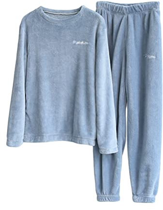 ORANDESIGNE Pigiami Due Pezzi da Donna Pigiama di Pile Morbido Pigiama Set Invernale con Felpa e Pantalone D Blu L