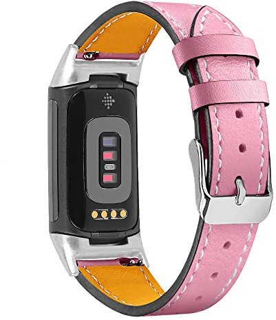 Gimuk Kompatibel mit Fitbit Charge 6/Charge 5 Armband für Damen und Herren, echtes Leder, verstellbares Sportarmband, Ersatzarmband für Charge 6/Charge 5 Tracker, klein und groß (rosa)