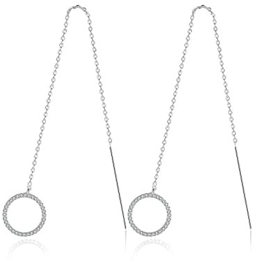 Orecchini a Filo Pendenti Donna; Orecchini in Oro Bianco Placcato - Beydodo Gioielli da Donna Catena Lunga con Cerchio Zirconi