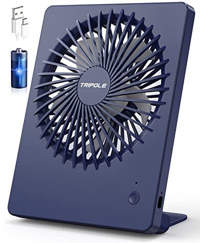TriPole USB Desk Fan, Portable 2000mAh Battery Rehcargeable Table fan, 3 Speeds 4-16H Silent Mini Fans 180° Adjustable Handheld Fan for Office, Bedroom, Home, Travel, Camping Blue