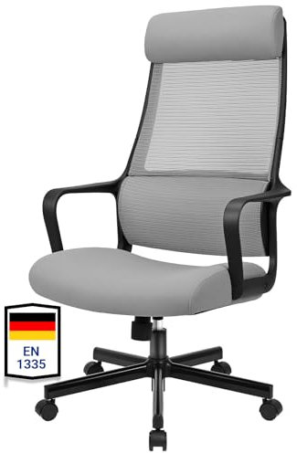 MELOKEA Schreibtischstuhl, Bürostuhl Ergonomisch, Drehstuhl Wippfunktion mit Verstellbare Kopfstütze | Armlehne | Höhenverstellung | Hoher Rückenschonend, EN 1335 Chair, Chefsessel 200KG, Grau