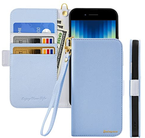 Butnyeoe Handyhülle für iPhone SE 2022/iPhone SE 2020/iPhone 8/iPhone 7 Klappbar Hülle,Litschi Textur Leder Wallet Schutzhülle Tasche Flip Cover Case Klapphülle mit Kartenfach,Helles Blau