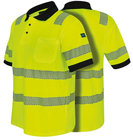 PRO FIT Warnschutz Poloshirt – Atmungsaktives Kurzarm-Polo Shirt, hohe Sichtbarkeit durch auflaminierte Reflexstreifen, mit UV-Schutz - Neongelb/Grau, Gr. L