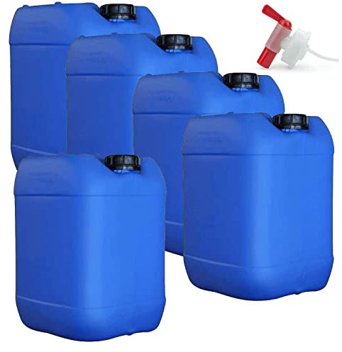 Petri 5 x 30 Liter Getränke- und Wasserkanister DIN 61 mit 1 x Ablaufhahn | UN-Zugelassen Lebensmittelecht BPA frei | Gastronomie Gewerbe Camping Wohnwagen | Robuste Qualität aus DE (30 Liter, blau)