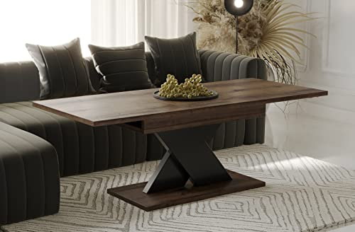 Endo-Moebel Couchtisch Ilo 110-140 cm Esstisch erweiterbar Akzentstreifen in Schwarz Wohnzimmertisch (Monastery Eiche)